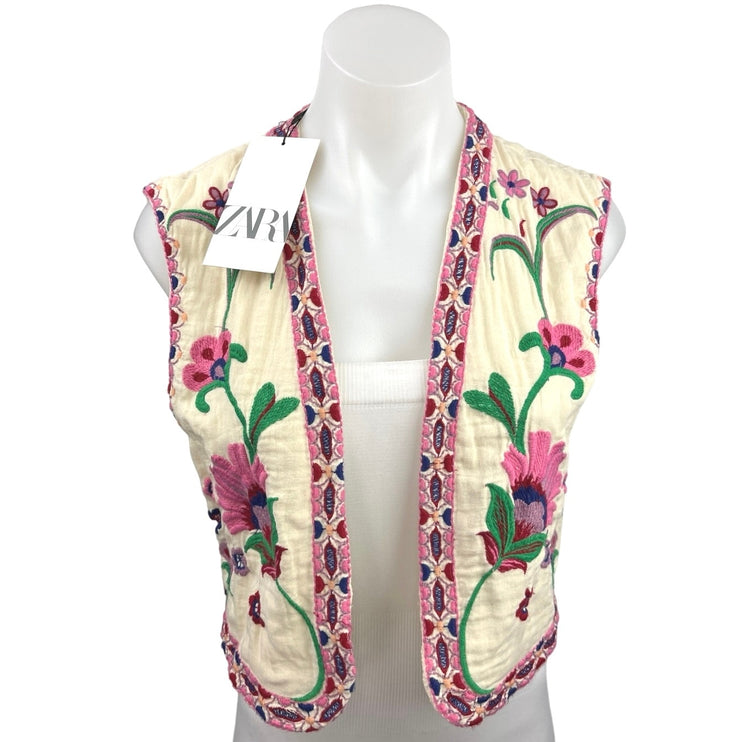 NEW Zara Cream Pink Floral Gypsy Embroidered Boho Cropped Cardigan Top Size S