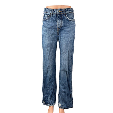 Zara Women's Blue Distressed Hem High Rise Loose Straight Denim Jeans Pants Sz 4