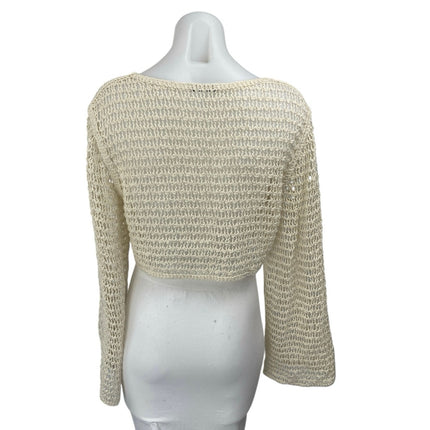 Zara Women's Cream Long Flare Sleeve Open Knit Crochet Sweater Crop Top Size M