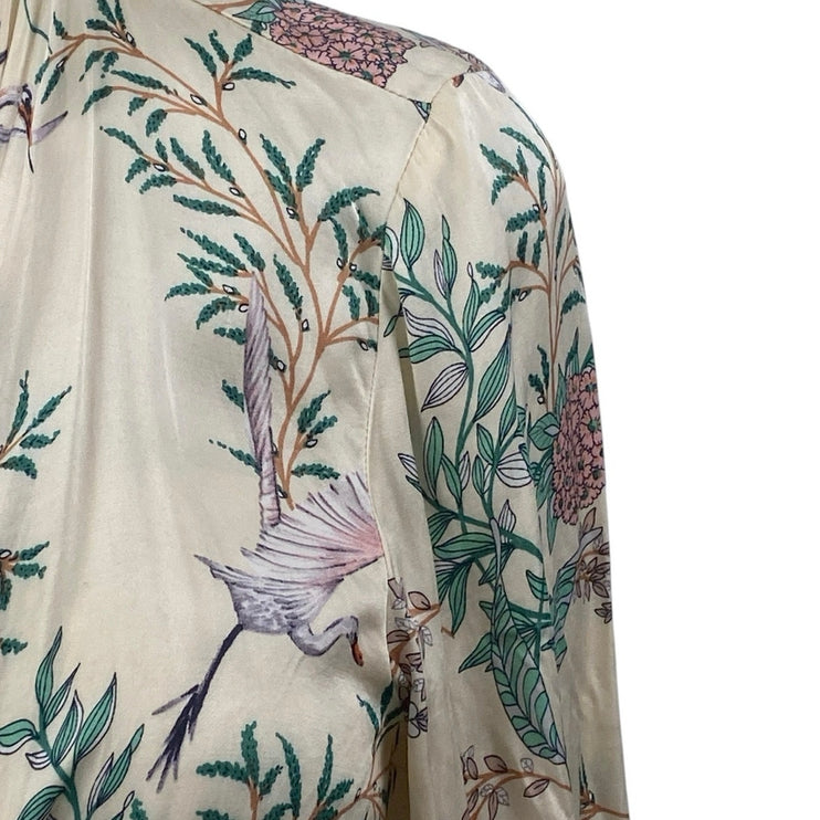 Zara Women's Cream Multicolor Floral Long Bell Sleeve Tie Blouse Crop Top XS/S