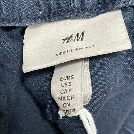 H&M Women's Blue 100% Linen Elastic Waist High Rise Tapered Trousers Pants Sz S