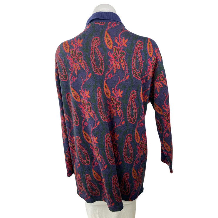 Gitano Women's Blue Red Paisley Floral Knit Long Sleeve Button Down Shirt Top S