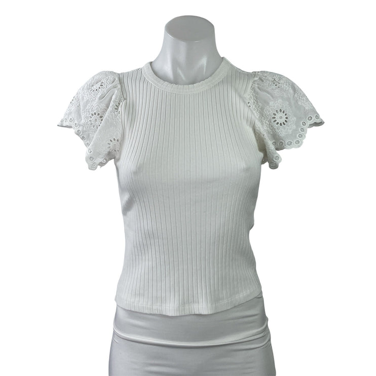 NEW Rails Reza White Flutter Sleeve Floral Embroidered Ribbed Knit Blouse Top XS
