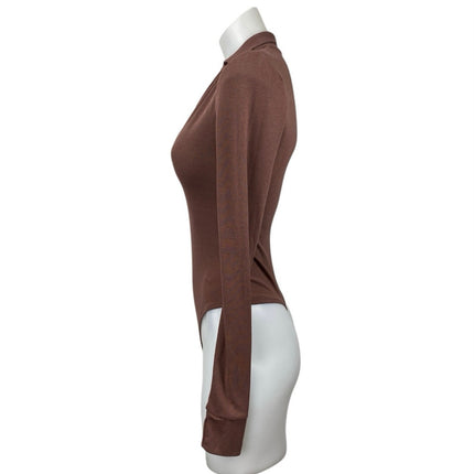 Free People Do It Right Women's Brown Collared V Neck Long Sleeve Bodysuit Top S