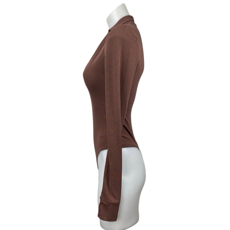 Free People Do It Right Women's Brown Collared V Neck Long Sleeve Bodysuit Top S