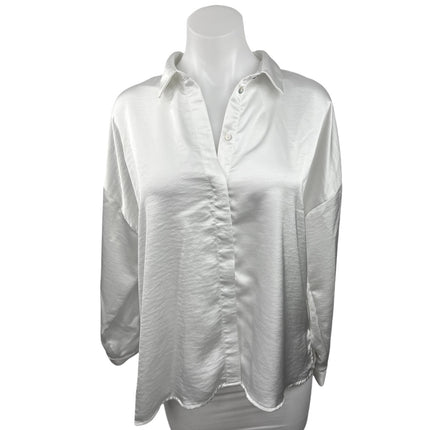 Zara White Satin Collared Oversized Long Sleeve Button Down Shirt Top Size M