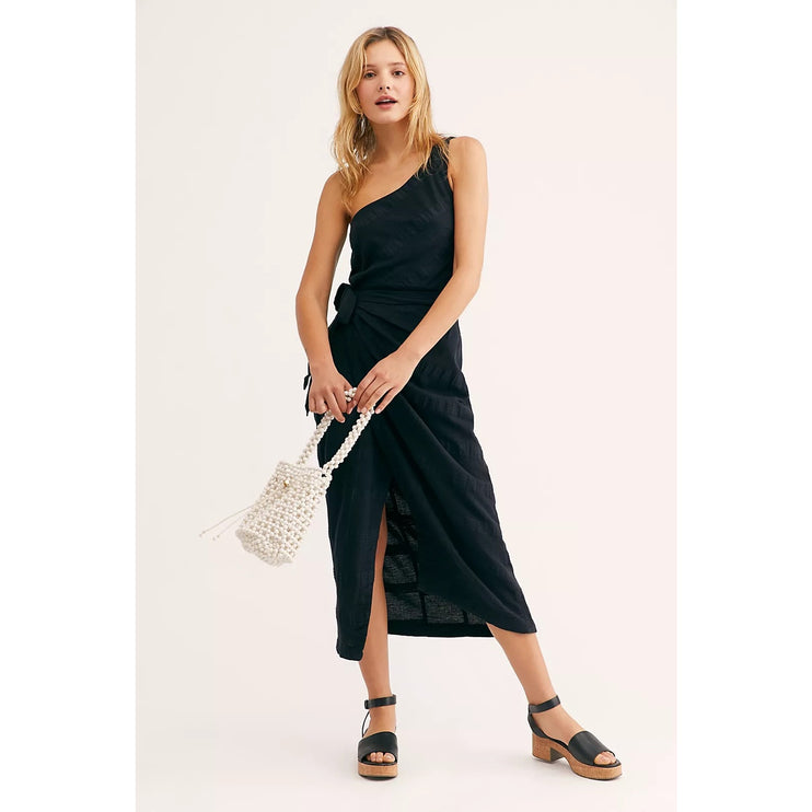 Free People At Leisure Black One Shoulder Sleeveless Wrap Midi Dress Size XS