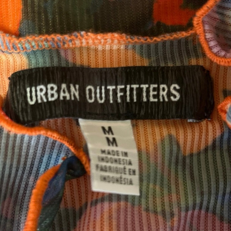 Urban Outfitters Multicolor Floral Flutter Sleeve Button Sheer Crop Top Blouse M