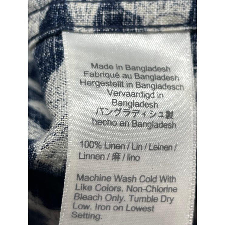 J.Crew 100% Linen Navy Fish Print Collared Short Sleeve Button Up Shirt Top XL