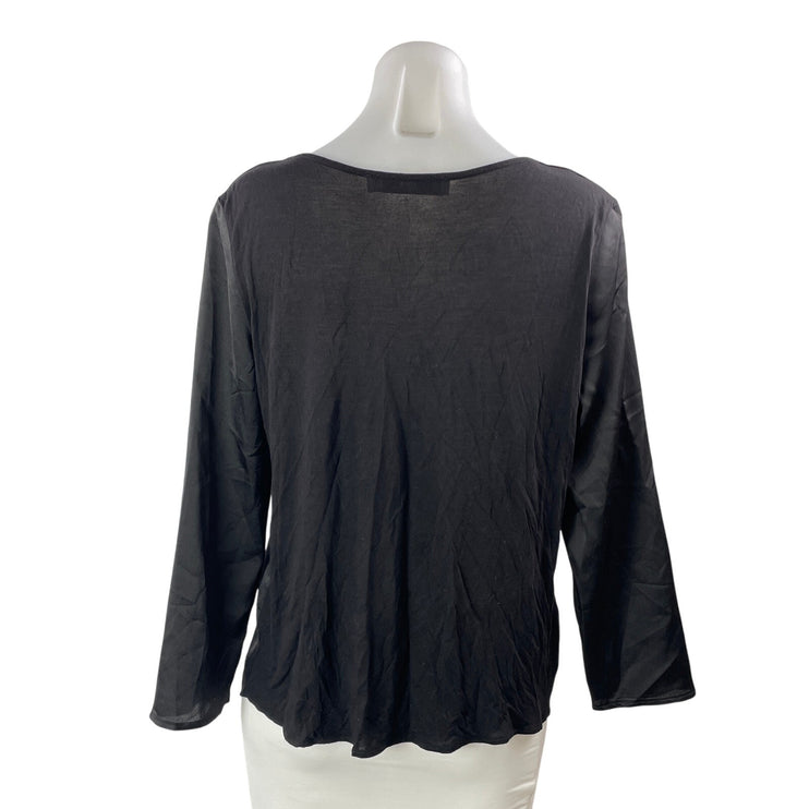 MNG Mango Women's Black Satin Silk Long Sleeve Deep V Neck Blouse Top Size XS