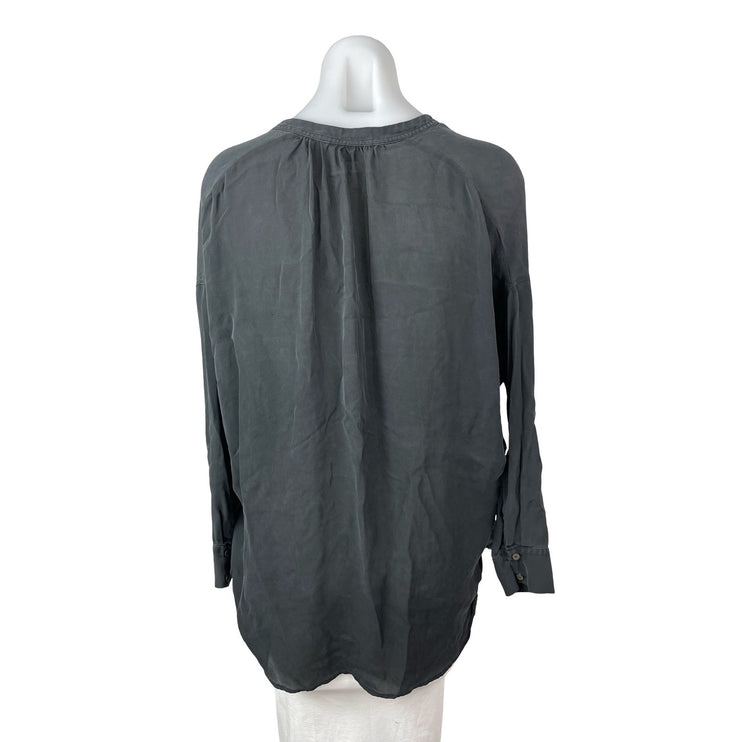 Vince 100% Silk Women's Black Ruched Deep V Neck Long Sleeve Tunic Blouse Top XS