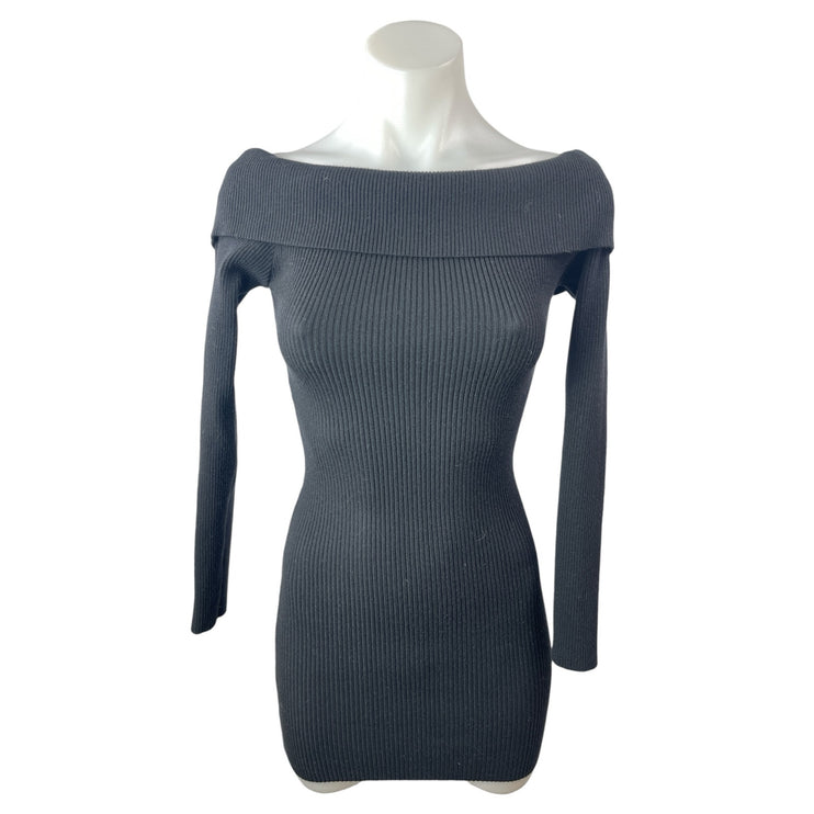 Edikted Black Ribbed Off Shoulder Long Sleeve Mini Bodycon Sweater Dress Sz XS/S