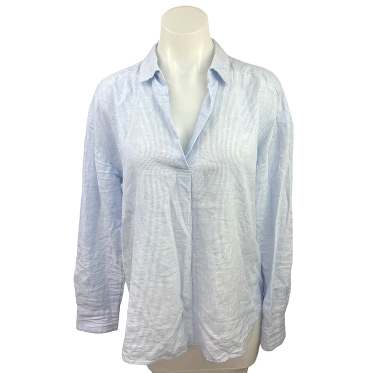 H&M Blue Linen Pinstripe V-Neck Collar Long Sleeve Lightweight Boxy Blouse Top 0