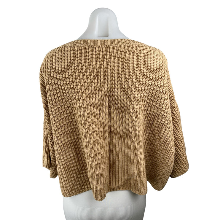 Free People Women's Tan Beige Half Dolman Sleeve Knit Boxy Sweater Top One Size
