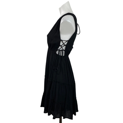 Victoria + Sophia Black Sleeveless V-neck Lace Up Tiered Mini A-Line Dress Sz S