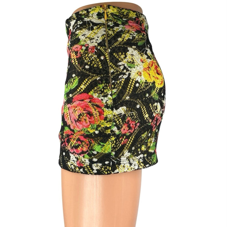 Mystic Women Multicolor Floral Knit Crochet Zip High Waisted Mini Shorts Size S