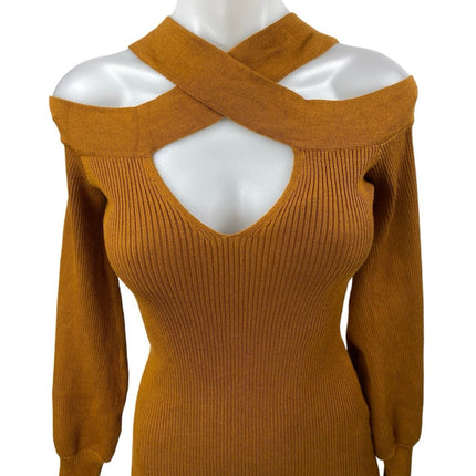 Love Always Brown Rib Knit Cutout Keyhole Long Sleeve Mini Sweater Dress Size M