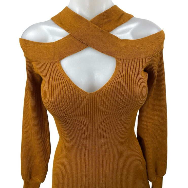Love Always Brown Rib Knit Cutout Keyhole Long Sleeve Mini Sweater Dress Size M