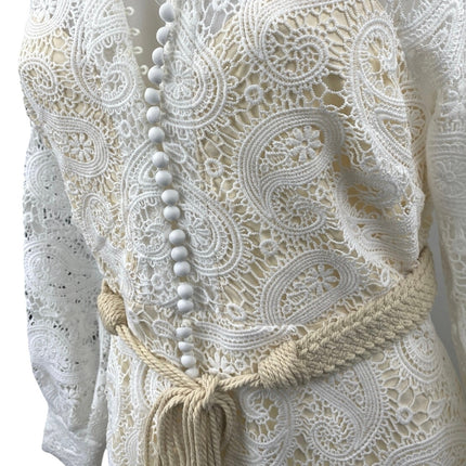 NEW L'atiste White Paisley Lace Long Sleeve Belted Midi A-Line Shirt Dress Sz M