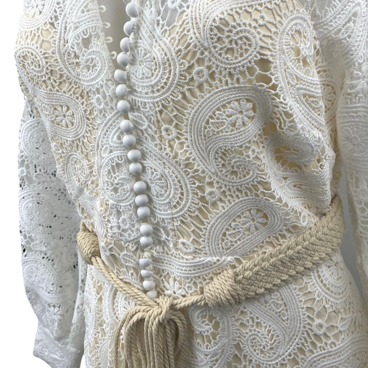 NEW L'atiste White Paisley Lace Long Sleeve Belted Midi A-Line Shirt Dress Sz M