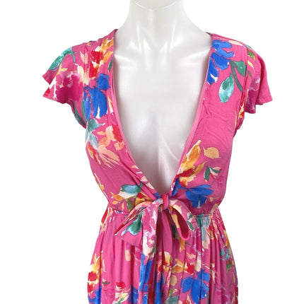 Vici Pink Multicolor Floral Short Cap Sleeve Plunging High Low Maxi Dress  Size S