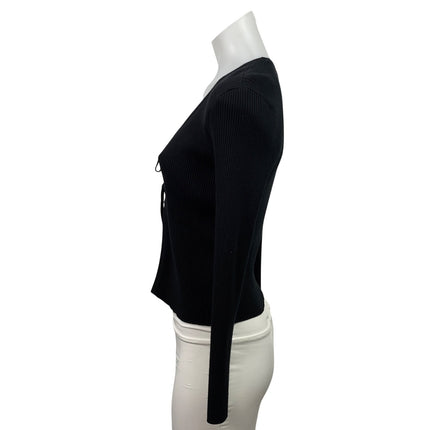 Aqua Women's Black Ribbed Knit Long Sleeve Tie V Neck Cardigan Crop Top Size XS