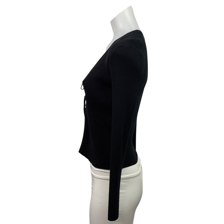 Aqua Women's Black Ribbed Knit Long Sleeve Tie V Neck Cardigan Crop Top Size XS
