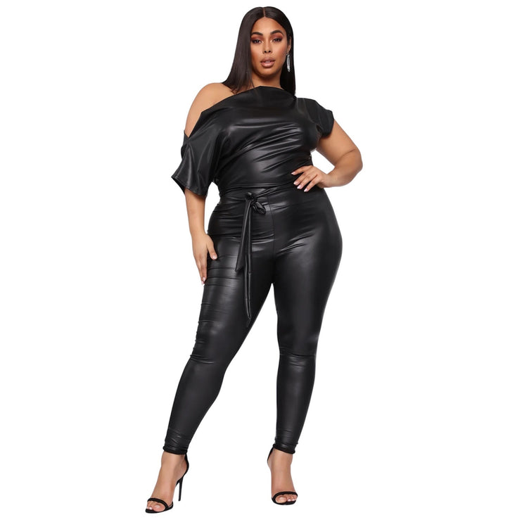 NEW Fashion Nova Want You Back Black One Shoulder Faux Leather PU Jumpsuit Sz 1X