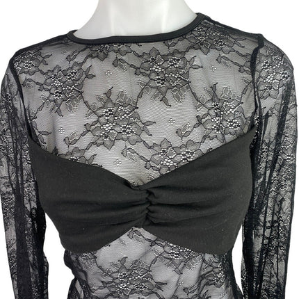 Women's Black Floral Lace Long Sleeve Sheer See Trough Crop BlouseTop Size S