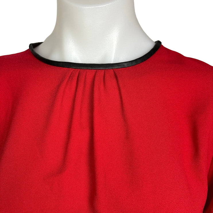 Zara Womens Red Solid Faux Leather Trim Round Neck Long Sleeve Blouse Top Size M