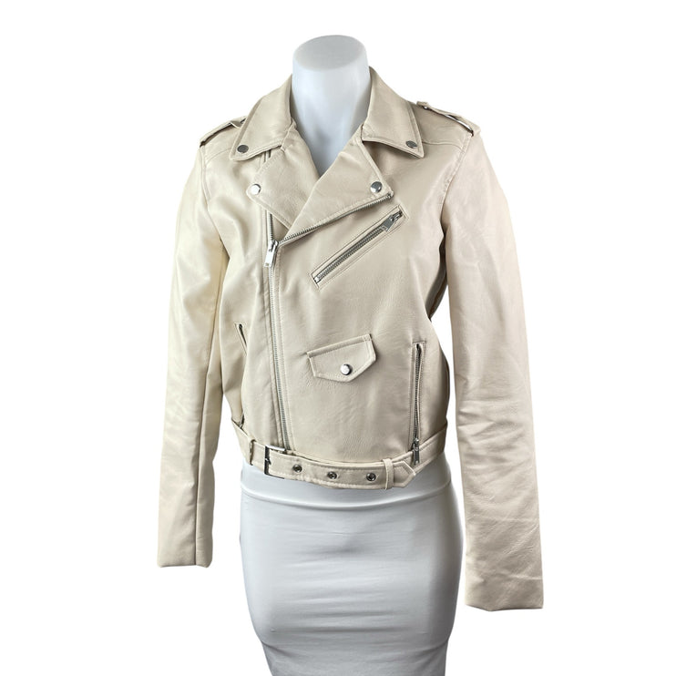 London Women's Cream Faux Leather Vegan Zip Motorcycle Biker Coat Jacket Size S