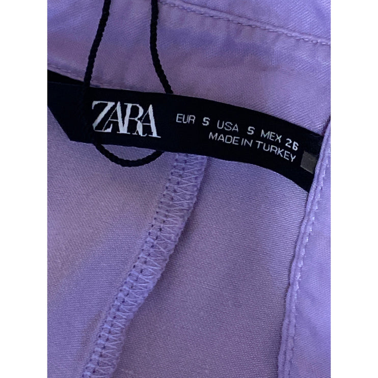 Zara Women's Purple Collared 3/4 Tie Sleeve Button Down Crop Blouse Shirt Top S