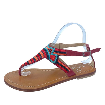 Twist Multicolor Striped  Beaded T-Strap Slingback Buckle Flats Sandals Size 8.5