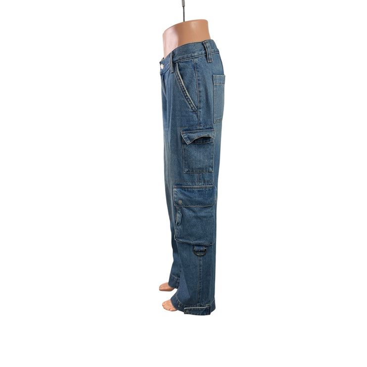 Oak + Fort Womens Blue High Waisted Straight Wide Leg Cargo Denim Jeans Pants 26