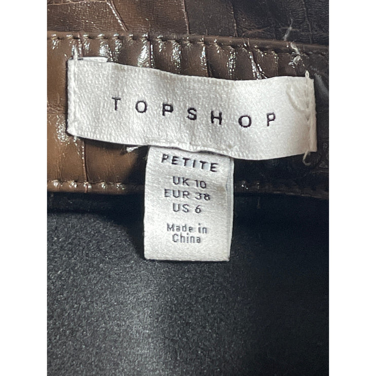Topshop Women's Brown Croc Faux Leather Vegan Tie Waist A Line Mini Dress Size 6