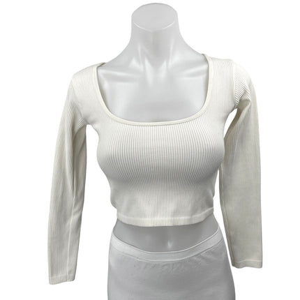 Zara Women's White Long Sleeve Ribbed Knit Square Neck Sweater Crop Top Size M-L