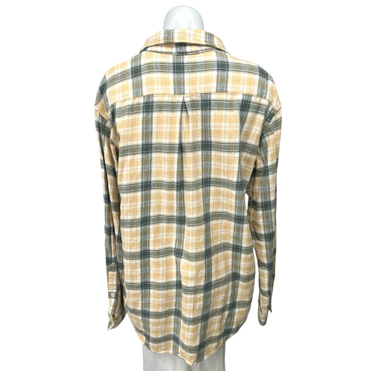 12th Tribe Green Beige Plaid Checkered Flannel Button Down Shirt Blouse Top Sz S