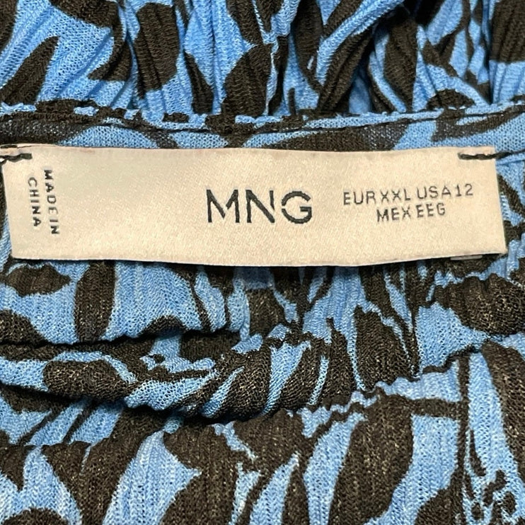 MNG Mango Blue Leaf V Neck Long Sleeve Blouson Fit & Flare Mini Dress Size 12