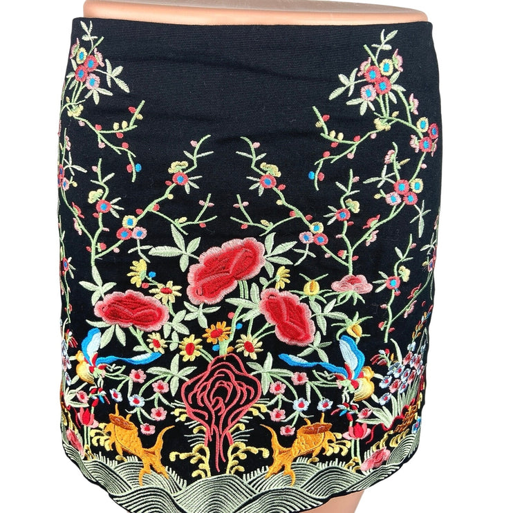 ZARA Black Jacquard Floral Embroidered Zip Up Casual Mini A-Line Skirt Size M