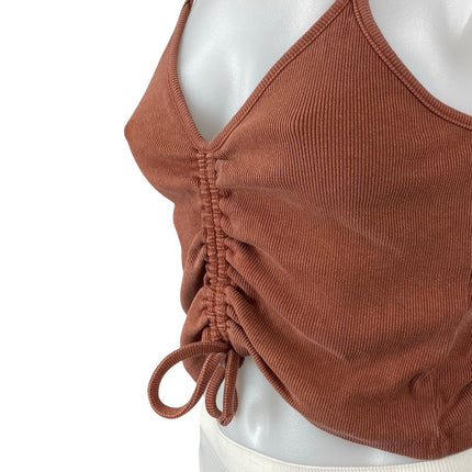 Zara Women's Brown Sleeveless Rib Knit Ruched V Neck Cami Tank Crop Top Size M