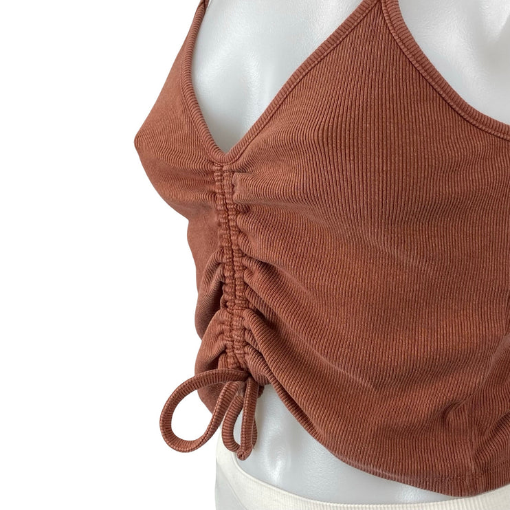 Zara Women's Brown Sleeveless Rib Knit Ruched V Neck Cami Tank Crop Top Size M