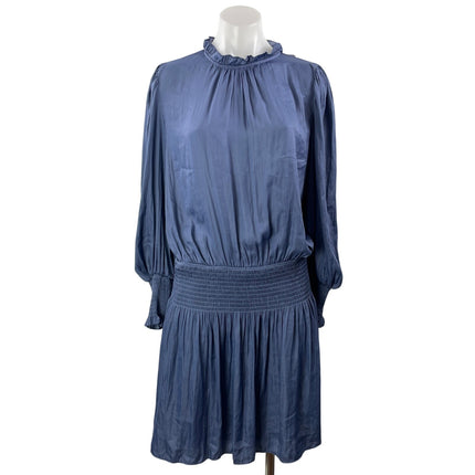 NEW Mustard Seed Navy Blue Smocked Long Sleeve Ruffle Mock Neck Mini Dress Sz L