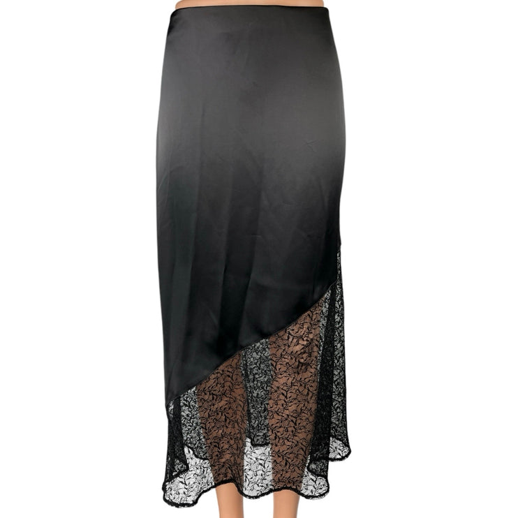 Zara Black Silk Satin Asymmetric Lace Straight A-line Maxi Slip Skirt Size L