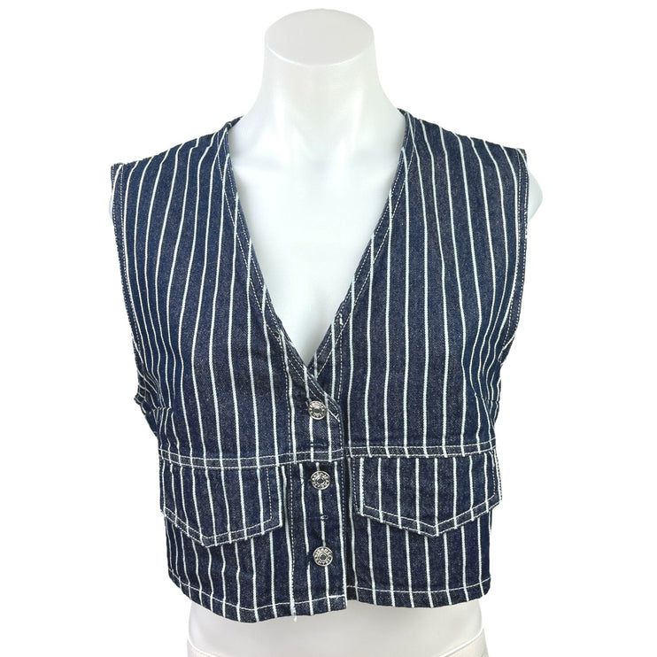 Shein Women's Blue V-Neck Striped Denim Jean Sleeveless Pinstripe Vest Jacket M