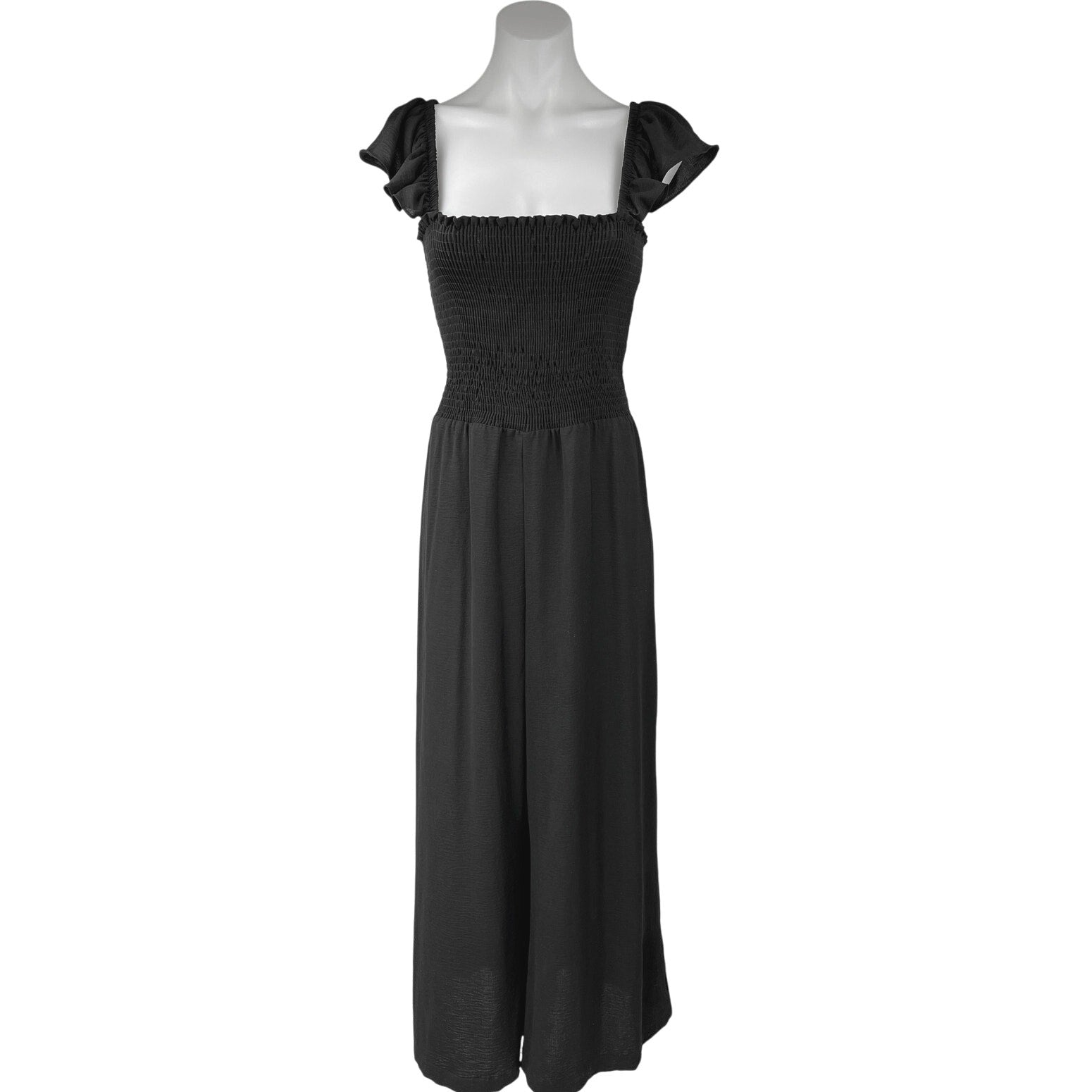 Veronica M Black Flutter Sleeve Smocked Square Neck Wide Leg