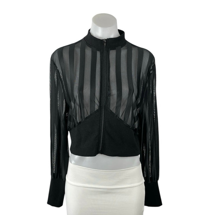 Black Mesh Sheer Striped Mock Neck Zip Up Long Sleeve Cropped Jacket Top Size M