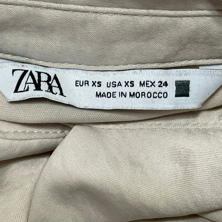 Zara Women's Beige Pocket Long Sleeve Button Down Cropped Shirt Top Size XS