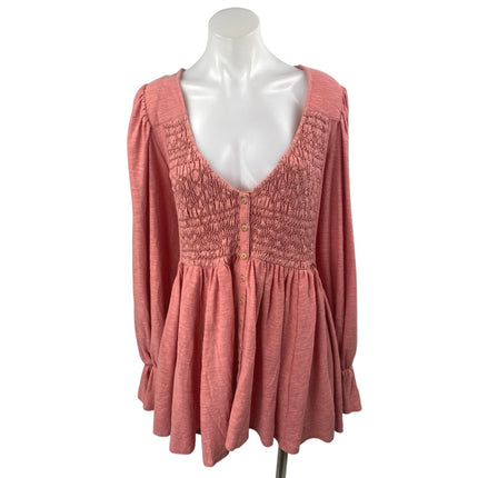 Free People Don't Call Me Baby Pink Smocked Long Sleeve Peplum Blouse Top Size M
