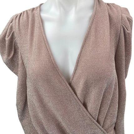 The Sang Pink Metallic Long Puff Sleeve V Neck Faux Wrap Bodysuit Top Size S