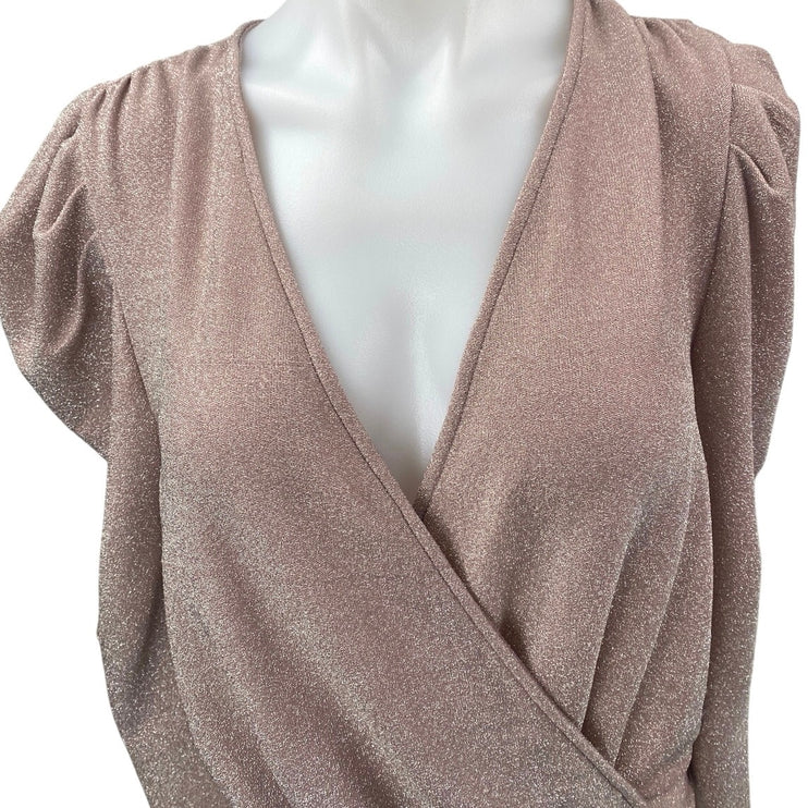 The Sang Pink Metallic Long Puff Sleeve V Neck Faux Wrap Bodysuit Top Size S